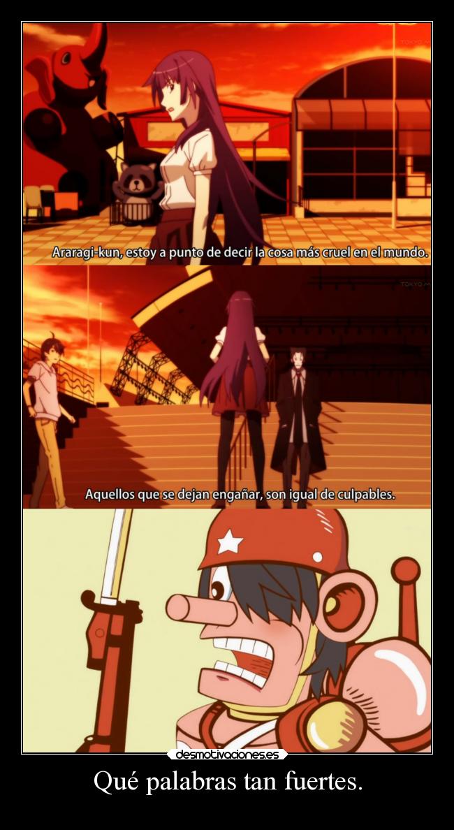 carteles anime nisemonogatari senjougahara pone malvada doni anotherpikachubrigade desmotivaciones