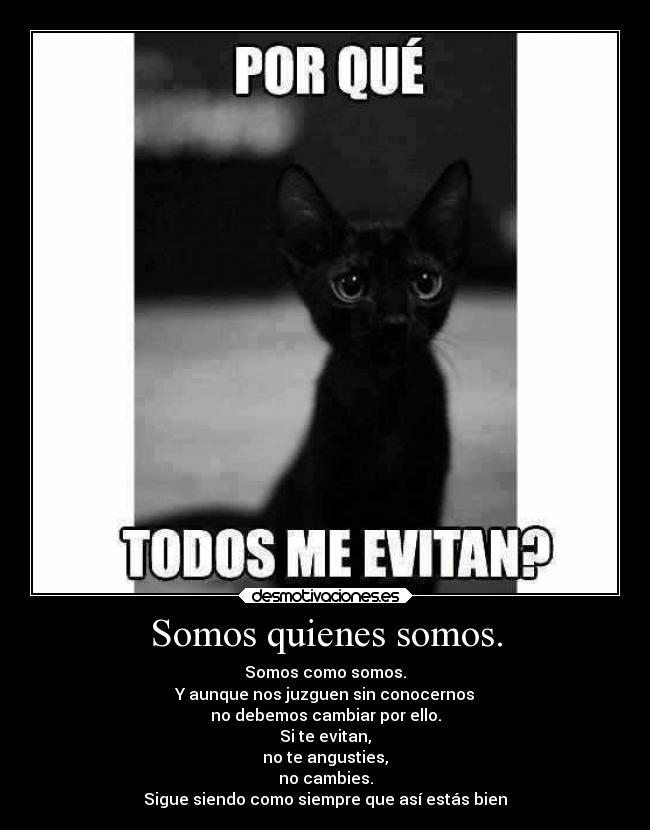 Somos quienes somos. - Somos como somos.
Y aunque nos juzguen sin conocernos
no debemos cambiar por ello.
Si te evitan,
no te angusties,
no cambies.
Sigue siendo como siempre que así estás bien