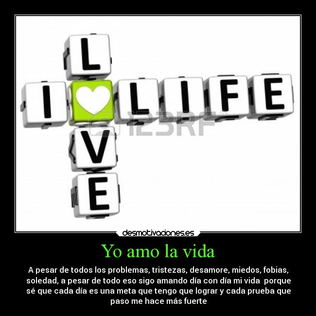 Yo amo la vida - A pesar de todos los problemas, tristezas, desamore, miedos, fobias,
soledad, a pesar de todo eso sigo amando día con día mi vida  porque
sé que cada día es una meta que tengo que lograr y cada prueba que
paso me hace más fuerte