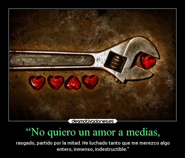 “No quiero un amor a medias, - rasgado, partido por la mitad. He luchado tanto que me merezco algo
entero, inmenso, indestructible.”