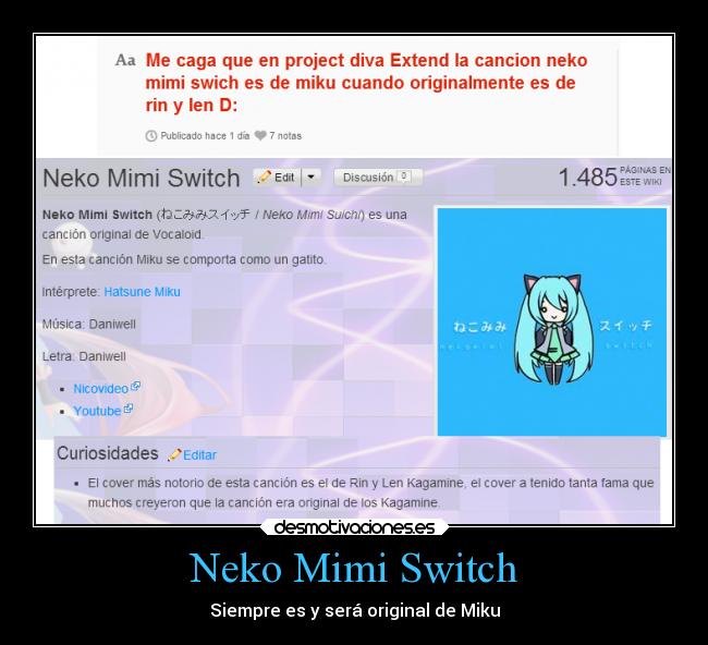 carteles animales anime vocaloid miku hatsune rin len kagamine neko mimi switch project diva desmotivaciones