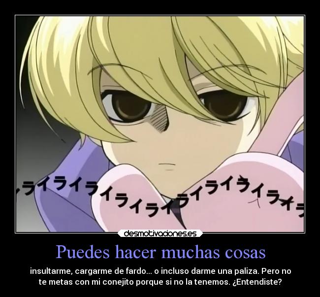 Puedes hacer muchas cosas - insultarme, cargarme de fardo... o incluso darme una paliza. Pero no
te metas con mi conejito porque si no la tenemos. ¿Entendiste?