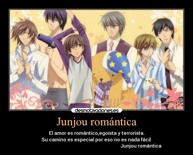 Junjou romántica - El amor es romántico,egoísta y terrorista.
Su camino es especial por eso no es nada fácil 
                                                                           Junjou romántica