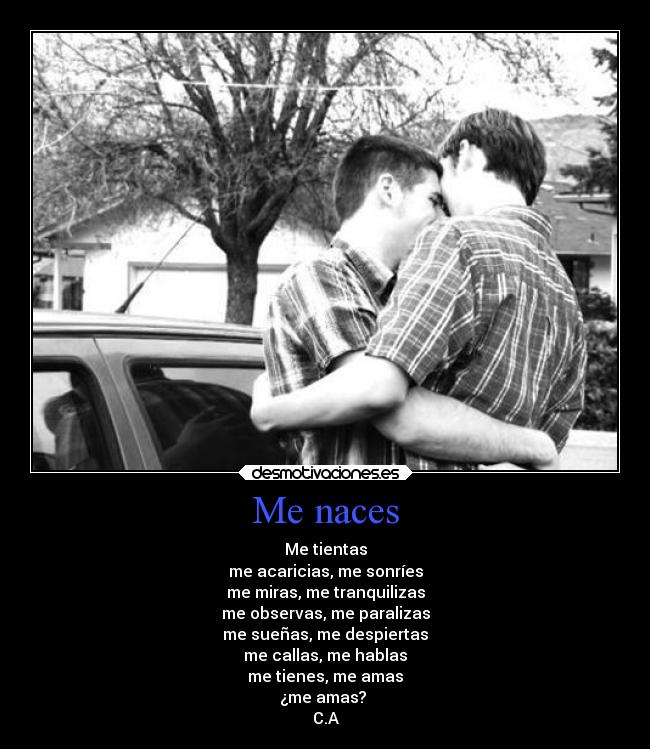 Me naces - Me tientas
me acaricias, me sonríes
me miras, me tranquilizas
me observas, me paralizas
me sueñas, me despiertas
me callas, me hablas
me tienes, me amas
¿me amas?
C.A