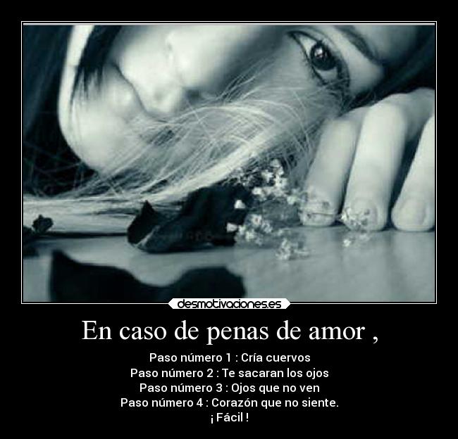 En caso de penas de amor , - Paso número 1 : Cría cuervos
Paso número 2 : Te sacaran los ojos
Paso número 3 : Ojos que no ven
Paso número 4 : Corazón que no siente.
¡ Fácil !