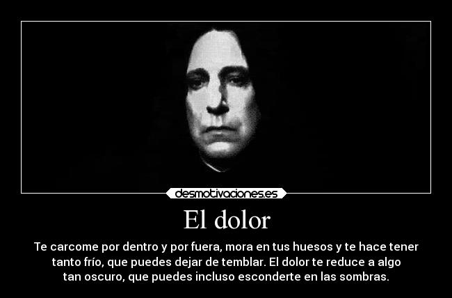El dolor - Te carcome por dentro y por fuera, mora en tus huesos y te hace tener
tanto frío, que puedes dejar de temblar. El dolor te reduce a algo
tan oscuro, que puedes incluso esconderte en las sombras.