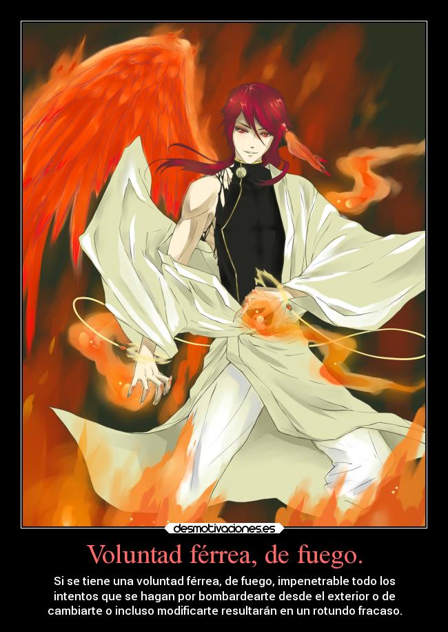 Voluntad férrea, de fuego. - Si se tiene una voluntad férrea, de fuego, impenetrable todo los
intentos que se hagan por bombardearte desde el exterior o de
cambiarte o incluso modificarte resultarán en un rotundo fracaso.