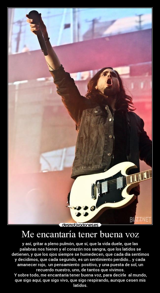 Me encantaría tener buena voz - y así, gritar a pleno pulmón, que sí, que la vida duele, que las
palabras nos hieren y el corazón nos sangra, que los latidos se
detienen, y que los ojos siempre se humedecen, que cada día sentimos
y decidimos, que cada segundo, es un sentimiento perdido... y cada
amanecer rojo,  un pensamiento  positivo, y una puesta de sol, un
recuerdo nuestro, uno, de tantos que vivimos.
 Y sobre todo, me encantaría tener buena voz, para decirle  al mundo,
que sigo aquí, que sigo vivo, que sigo respirando, aunque cesen mis
latidos.