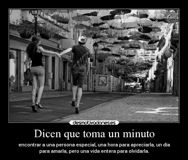 Dicen que toma un minuto - encontrar a una persona especial, una hora para apreciarla, un día
para amarla, pero una vida entera para olvidarla.