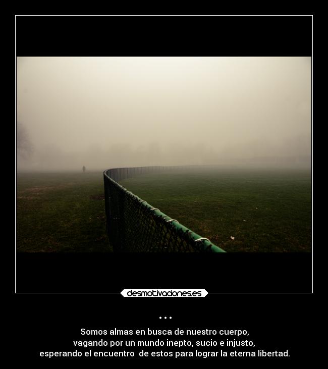... - Somos almas en busca de nuestro cuerpo,
vagando por un mundo inepto, sucio e injusto,
esperando el encuentro de estos para lograr la eterna libertad.