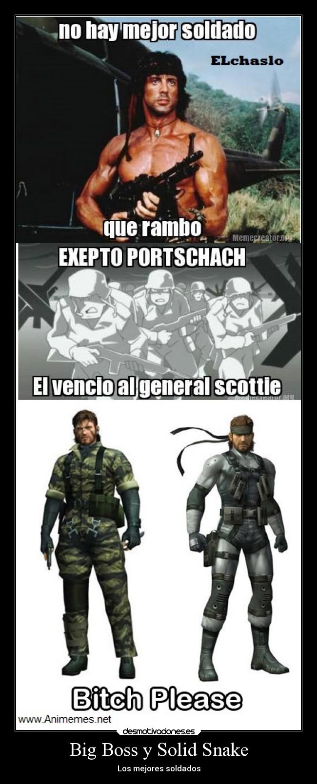 carteles videojuegos anime bigg boss solid snake metal gear saga bitch please rambo desmotivaciones