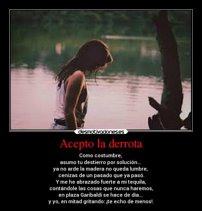 Acepto la derrota - Como costumbre,
asumo tu destierro por solución...
ya no arde la madera no queda lumbre,
cenizas de un pasado que ya pasó.
Y me he abrazado fuerte a mi tequila,
contándole las cosas que nunca haremos,
en plaza Garibaldi se hace de día...
y yo, en mitad gritando: ¡te echo de menos!.