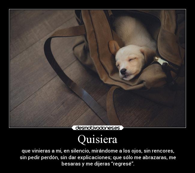 Quisiera - que vinieras a mi, en silencio, mirándome a los ojos, sin rencores,
sin pedir perdón, sin dar explicaciones; que sólo me abrazaras, me
besaras y me dijeras “regresé”.