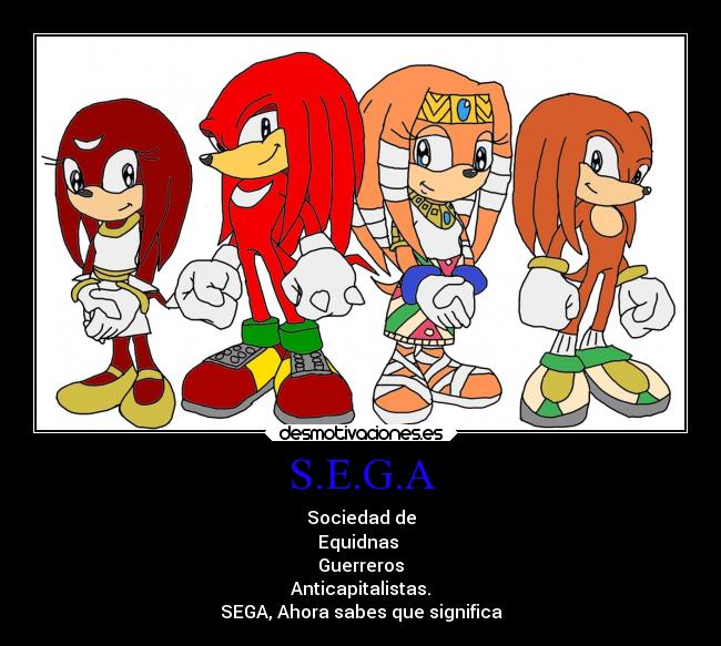 S.E.G.A - Sociedad de
Equidnas 
Guerreros
Anticapitalistas.
SEGA, Ahora sabes que significa