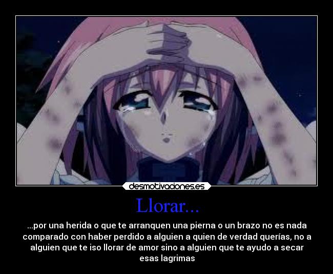 Llorar... - ...por una herida o que te arranquen una pierna o un brazo no es nada
comparado con haber perdido a alguien a quien de verdad querías, no a
alguien que te iso llorar de amor sino a alguien que te ayudo a secar
esas lagrimas