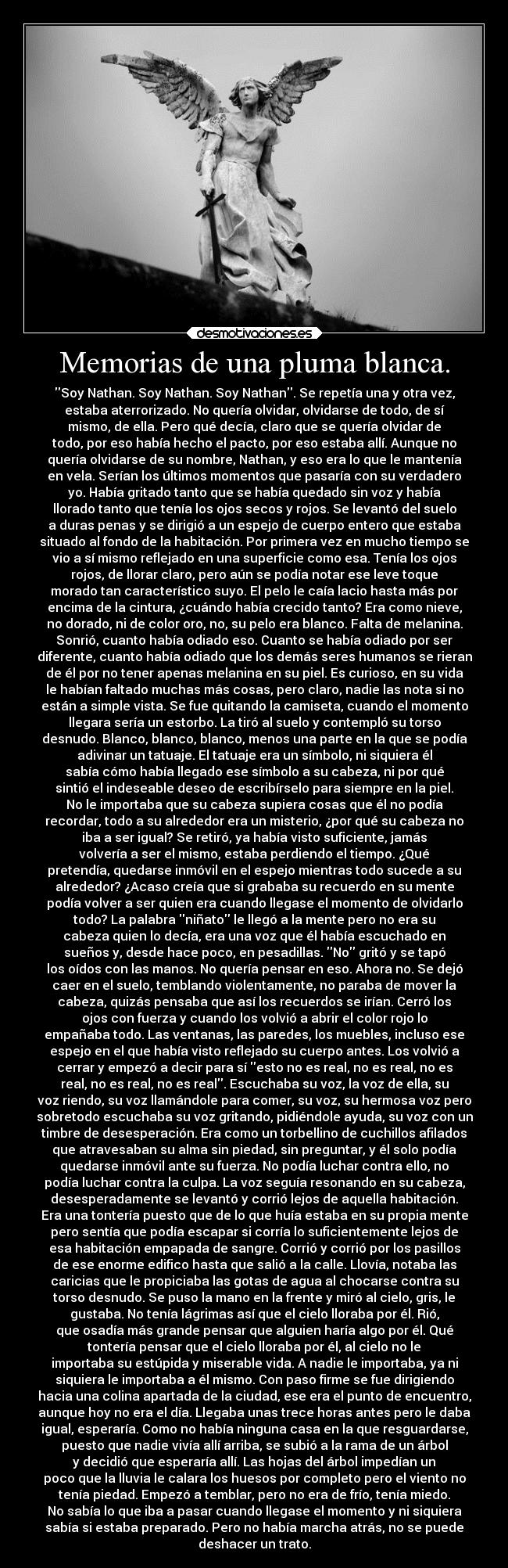 Memorias de una pluma blanca. - Soy Nathan. Soy Nathan. Soy Nathan. Se repetía una y otra vez,
estaba aterrorizado. No quería olvidar, olvidarse de todo, de sí
mismo, de ella. Pero qué decía, claro que se quería olvidar de
todo, por eso había hecho el pacto, por eso estaba allí. Aunque no
quería olvidarse de su nombre, Nathan, y eso era lo que le mantenía
en vela. Serían los últimos momentos que pasaría con su verdadero
yo. Había gritado tanto que se había quedado sin voz y había
llorado tanto que tenía los ojos secos y rojos. Se levantó del suelo
a duras penas y se dirigió a un espejo de cuerpo entero que estaba
situado al fondo de la habitación. Por primera vez en mucho tiempo se
vio a sí mismo reflejado en una superficie como esa. Tenía los ojos
rojos, de llorar claro, pero aún se podía notar ese leve toque
morado tan característico suyo. El pelo le caía lacio hasta más por
encima de la cintura, ¿cuándo había crecido tanto? Era como nieve,
no dorado, ni de color oro, no, su pelo era blanco. Falta de melanina.
Sonrió, cuanto había odiado eso. Cuanto se había odiado por ser
diferente, cuanto había odiado que los demás seres humanos se rieran
de él por no tener apenas melanina en su piel. Es curioso, en su vida
le habían faltado muchas más cosas, pero claro, nadie las nota si no
están a simple vista. Se fue quitando la camiseta, cuando el momento
llegara sería un estorbo. La tiró al suelo y contempló su torso
desnudo. Blanco, blanco, blanco, menos una parte en la que se podía
adivinar un tatuaje. El tatuaje era un símbolo, ni siquiera él
sabía cómo había llegado ese símbolo a su cabeza, ni por qué
sintió el indeseable deseo de escribírselo para siempre en la piel.
No le importaba que su cabeza supiera cosas que él no podía
recordar, todo a su alrededor era un misterio, ¿por qué su cabeza no
iba a ser igual? Se retiró, ya había visto suficiente, jamás
volvería a ser el mismo, estaba perdiendo el tiempo. ¿Qué
pretendía, quedarse inmóvil en el espejo mientras todo sucede a su
alrededor? ¿Acaso creía que si grababa su recuerdo en su mente
podía volver a ser quien era cuando llegase el momento de olvidarlo
todo? La palabra niñato le llegó a la mente pero no era su
cabeza quien lo decía, era una voz que él había escuchado en
sueños y, desde hace poco, en pesadillas. No gritó y se tapó
los oídos con las manos. No quería pensar en eso. Ahora no. Se dejó
caer en el suelo, temblando violentamente, no paraba de mover la
cabeza, quizás pensaba que así los recuerdos se irían. Cerró los
ojos con fuerza y cuando los volvió a abrir el color rojo lo
empañaba todo. Las ventanas, las paredes, los muebles, incluso ese
espejo en el que había visto reflejado su cuerpo antes. Los volvió a
cerrar y empezó a decir para sí esto no es real, no es real, no es
real, no es real, no es real. Escuchaba su voz, la voz de ella, su
voz riendo, su voz llamándole para comer, su voz, su hermosa voz pero
sobretodo escuchaba su voz gritando, pidiéndole ayuda, su voz con un
timbre de desesperación. Era como un torbellino de cuchillos afilados
que atravesaban su alma sin piedad, sin preguntar, y él solo podía
quedarse inmóvil ante su fuerza. No podía luchar contra ello, no
podía luchar contra la culpa. La voz seguía resonando en su cabeza,
desesperadamente se levantó y corrió lejos de aquella habitación.
Era una tontería puesto que de lo que huía estaba en su propia mente
pero sentía que podía escapar si corría lo suficientemente lejos de
esa habitación empapada de sangre. Corrió y corrió por los pasillos
de ese enorme edifico hasta que salió a la calle. Llovía, notaba las
caricias que le propiciaba las gotas de agua al chocarse contra su
torso desnudo. Se puso la mano en la frente y miró al cielo, gris, le
gustaba. No tenía lágrimas así que el cielo lloraba por él. Rió,
que osadía más grande pensar que alguien haría algo por él. Qué
tontería pensar que el cielo lloraba por él, al cielo no le
importaba su estúpida y miserable vida. A nadie le importaba, ya ni
siquiera le importaba a él mismo. Con paso firme se fue dirigiendo
hacia una colina apartada de la ciudad, ese era el punto de encuentro,
aunque hoy no era el día. Llegaba unas trece horas antes pero le daba
igual, esperaría. Como no había ninguna casa en la que resguardarse,
puesto que nadie vivía allí arriba, se subió a la rama de un árbol
y decidió que esperaría allí. Las hojas del árbol impedían un
poco que la lluvia le calara los huesos por completo pero el viento no
tenía piedad. Empezó a temblar, pero no era de frío, tenía miedo.
No sabía lo que iba a pasar cuando llegase el momento y ni siquiera
sabía si estaba preparado. Pero no había marcha atrás, no se puede
deshacer un trato.