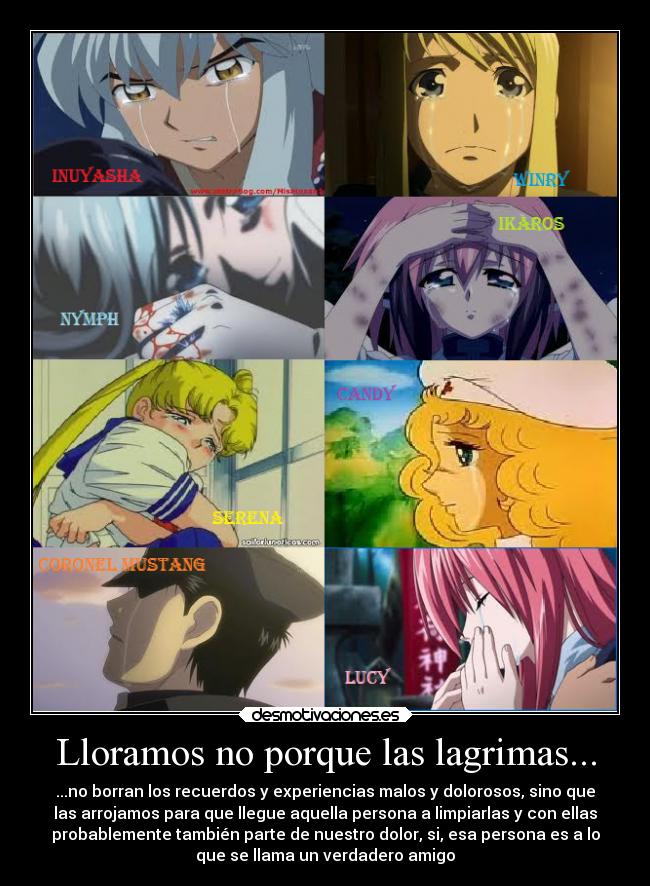 Lloramos no porque las lagrimas... - ...no borran los recuerdos y experiencias malos y dolorosos, sino que
las arrojamos para que llegue aquella persona a limpiarlas y con ellas
probablemente también parte de nuestro dolor, si, esa persona es a lo
que se llama un verdadero amigo