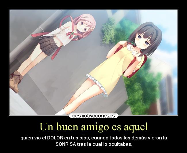 Un buen amigo es aquel - quien vio el DOLOR en tus ojos, cuando todos los demás vieron la
SONRISA tras la cual lo ocultabas.