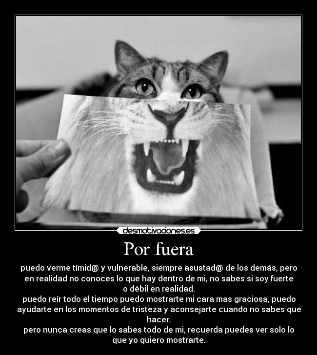 Por fuera - puedo verme tímid@ y vulnerable, siempre asustad@ de los demás, pero
en realidad no conoces lo que hay dentro de mi, no sabes si soy fuerte
o débil en realidad.
puedo reír todo el tiempo puedo mostrarte mi cara mas graciosa, puedo
ayudarte en los momentos de tristeza y aconsejarte cuando no sabes que
hacer.
pero nunca creas que lo sabes todo de mi, recuerda puedes ver solo lo
que yo quiero mostrarte.