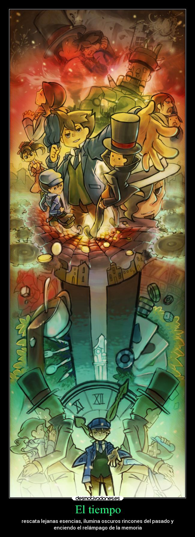 carteles videojuegos profesor layton luke triton clive dove flora claire tiempo futuro perdido desmotivaciones