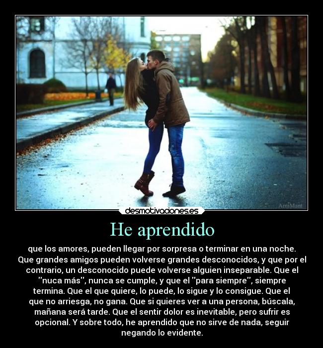 He aprendido - que los amores, pueden llegar por sorpresa o terminar en una noche.
Que grandes amigos pueden volverse grandes desconocidos, y que por el
contrario, un desconocido puede volverse alguien inseparable. Que el
nuca más, nunca se cumple, y que el para siempre, siempre
termina. Que el que quiere, lo puede, lo sigue y lo consigue. Que el
que no arriesga, no gana. Que si quieres ver a una persona, búscala,
mañana será tarde. Que el sentir dolor es inevitable, pero sufrir es
opcional. Y sobre todo, he aprendido que no sirve de nada, seguir
negando lo evidente.