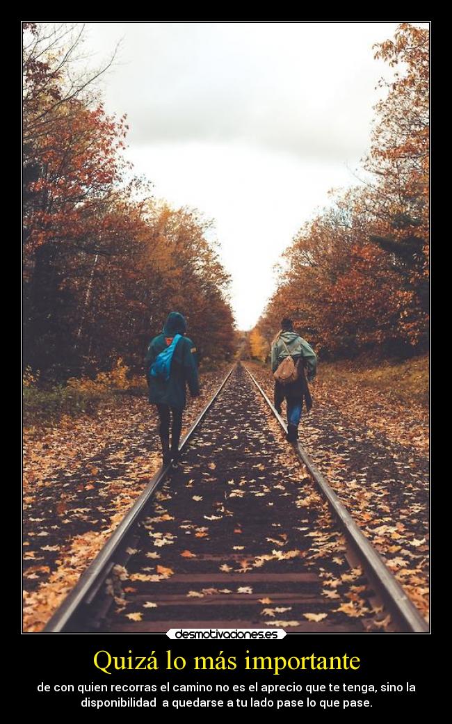 Quizá lo más importante - de con quien recorras el camino no es el aprecio que te tenga, sino la
disponibilidad a quedarse a tu lado pase lo que pase.