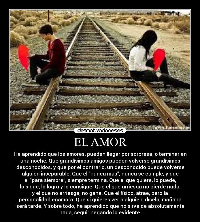 EL AMOR - He aprendido que los amores, pueden llegar por sorpresa, o terminar en
una noche. Que grandísimos amigos pueden volverse grandísimos
desconocidos, y que por el contrario, un desconocido puede volverse
alguien inseparable. Que el “nunca más”, nunca se cumple, y que
el “para siempre”, siempre termina. Que el que quiere, lo puede,
lo sigue, lo logra y lo consigue. Que el que arriesga no pierde nada,
y el que no arriesga, no gana. Que el físico, atrae, pero la
personalidad enamora. Que si quieres ver a alguien, díselo, mañana
será tarde. Y sobre todo, he aprendido que no sirve de absolutamente
nada, seguir negando lo evidente.