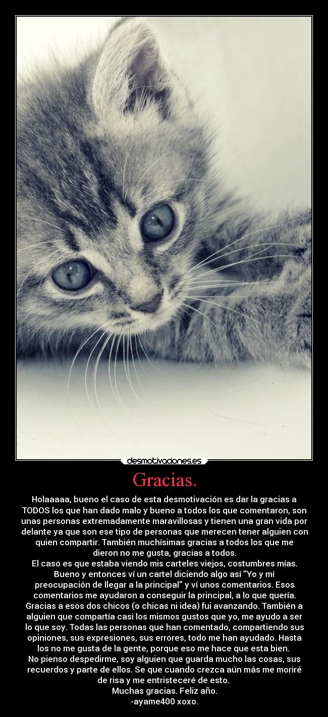 Gracias. - Holaaaaa, bueno el caso de esta desmotivación es dar la gracias a
TODOS los que han dado malo y bueno a todos los que comentaron, son
unas personas extremadamente maravillosas y tienen una gran vida por
delante ya que son ese tipo de personas que merecen tener alguien con
quien compartir. También muchísimas gracias a todos los que me
dieron no me gusta, gracias a todos.
El caso es que estaba viendo mis carteles viejos, costumbres mías.
Bueno y entonces ví un cartel diciendo algo así Yo y mí
preocupación de llegar a la principal y ví unos comentarios. Esos
comentarios me ayudaron a conseguir la principal, a lo que quería.
Gracias a esos dos chicos (o chicas ni idea) fui avanzando. También a
alguien que compartía casi los mismos gustos que yo, me ayudo a ser
lo que soy. Todas las personas que han comentado, compartiendo sus
opiniones, sus expresiones, sus errores, todo me han ayudado. Hasta
los no me gusta de la gente, porque eso me hace que esta bien. 
No pienso despedirme, soy alguien que guarda mucho las cosas, sus
recuerdos y parte de ellos. Se que cuando crezca aún más me moriré
de risa y me entristeceré de esto. 
Muchas gracias. Feliz año.
-ayame400 xoxo.