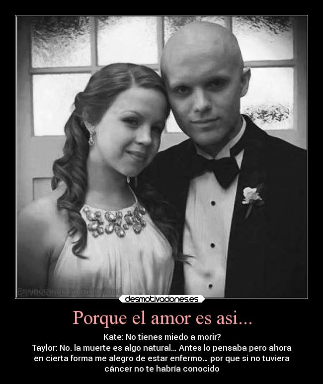 Porque el amor es asi... - Kate: No tienes miedo a morir?
Taylor: No. la muerte es algo natural… Antes lo pensaba pero ahora
en cierta forma me alegro de estar enfermo… por que si no tuviera
cáncer no te habría conocido