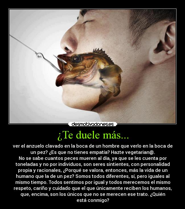 ¿Te duele más... - ver el anzuelo clavado en la boca de un hombre que verlo en la boca de
un pez? ¿Es que no tienes empatía? Hazte vegetarian@.
No se sabe cuantos peces mueren al día, ya que se les cuenta por
toneladas y no por individuos, son seres sintientes, con personalidad
propia y racionales, ¿Porqué se valora, entonces, más la vida de un
humano que la de un pez? Somos todos diferentes, sí, pero iguales al
mismo tiempo. Todos sentimos por igual y todos merecemos el mismo
respeto, cariño y cuidado que el que únicamente reciben los humanos,
que, encima, son los únicos que no se merecen ese trato. ¿Quién
está conmigo?
