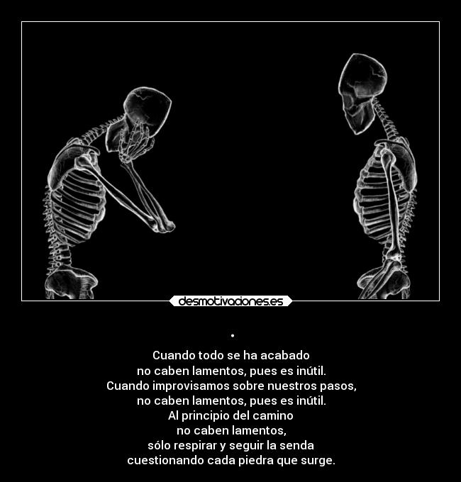 . - Cuando todo se ha acabado
no caben lamentos, pues es inútil.
Cuando improvisamos sobre nuestros pasos,
no caben lamentos, pues es inútil.
Al principio del camino
no caben lamentos,
sólo respirar y seguir la senda
cuestionando cada piedra que surge.