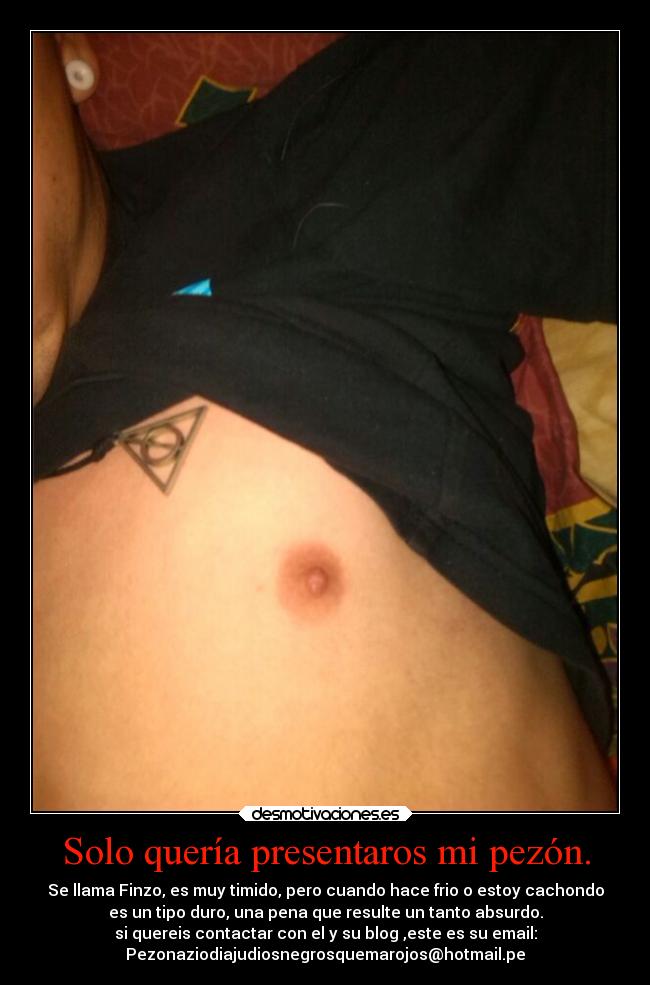 Solo quería presentaros mi pezón. - Se llama Finzo, es muy timido, pero cuando hace frio o estoy cachondo
es un tipo duro, una pena que resulte un tanto absurdo.
si quereis contactar con el y su blog ,este es su email:
Pezonaziodiajudiosnegrosquemarojos@hotmail.pe