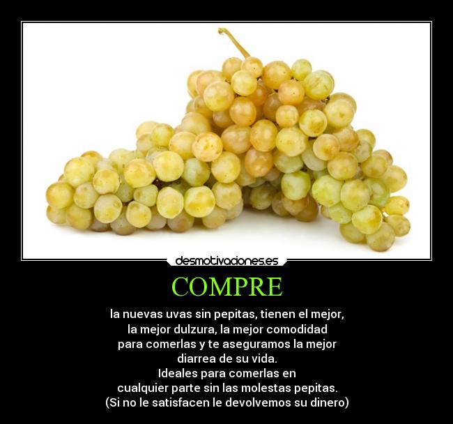 COMPRE - la nuevas uvas sin pepitas, tienen el mejor,
la mejor dulzura, la mejor comodidad
para comerlas y te aseguramos la mejor
diarrea de su vida.
Ideales para comerlas en
cualquier parte sin las molestas pepitas.
(Si no le satisfacen le devolvemos su dinero)