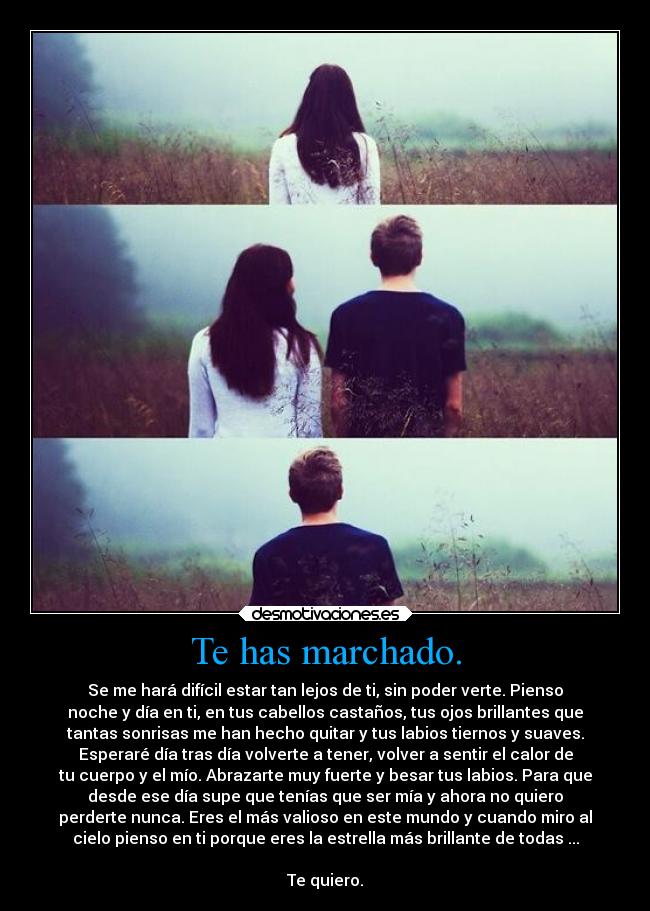 Te has marchado. - Se me hará difícil estar tan lejos de ti, sin poder verte. Pienso
noche y día en ti, en tus cabellos castaños, tus ojos brillantes que
tantas sonrisas me han hecho quitar y tus labios tiernos y suaves.
Esperaré día tras día volverte a tener, volver a sentir el calor de
tu cuerpo y el mío. Abrazarte muy fuerte y besar tus labios. Para que
desde ese día supe que tenías que ser mía y ahora no quiero
perderte nunca. Eres el más valioso en este mundo y cuando miro al
cielo pienso en ti porque eres la estrella más brillante de todas ...
Te quiero.
