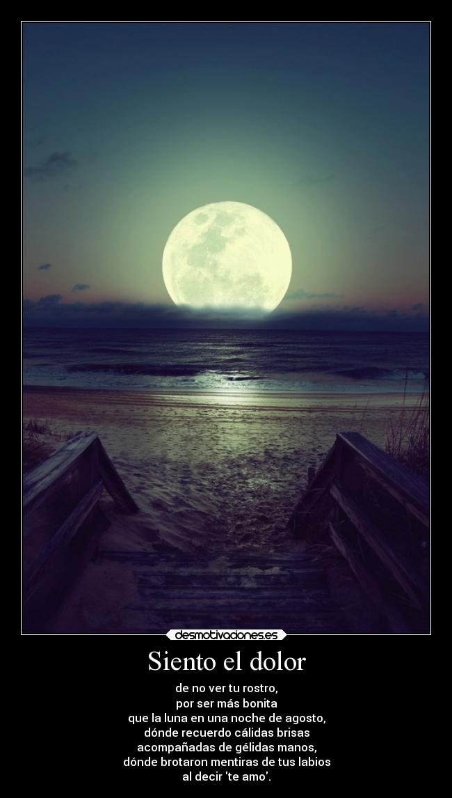 Siento el dolor - de no ver tu rostro,
por ser más bonita
que la luna en una noche de agosto,
dónde recuerdo cálidas brisas
acompañadas de gélidas manos,
dónde brotaron mentiras de tus labios
al decir te amo.