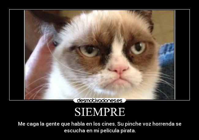 SIEMPRE - Me caga la gente que habla en los cines. Su pinche voz horrenda se
escucha en mi película pirata.