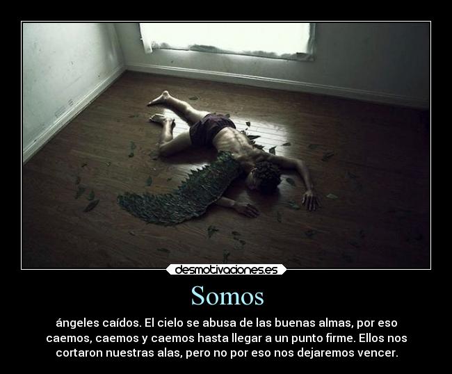 Somos - ángeles caídos. El cielo se abusa de las buenas almas, por eso
caemos, caemos y caemos hasta llegar a un punto firme. Ellos nos
cortaron nuestras alas, pero no por eso nos dejaremos vencer.