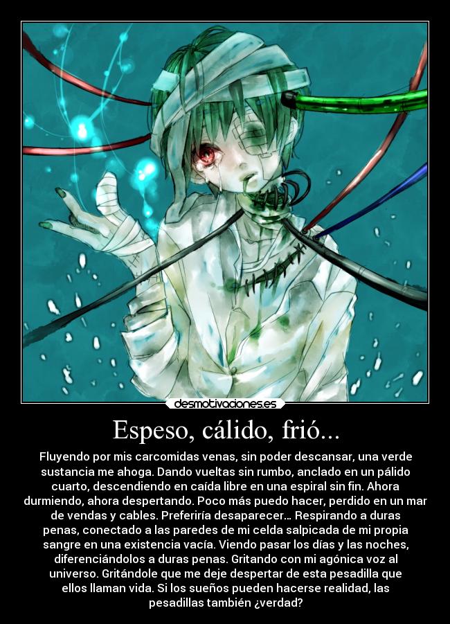 Espeso, cálido, frió... - Fluyendo por mis carcomidas venas, sin poder descansar, una verde
sustancia me ahoga. Dando vueltas sin rumbo, anclado en un pálido
cuarto, descendiendo en caída libre en una espiral sin fin. Ahora
durmiendo, ahora despertando. Poco más puedo hacer, perdido en un mar
de vendas y cables. Preferiría desaparecer… Respirando a duras
penas, conectado a las paredes de mi celda salpicada de mi propia
sangre en una existencia vacía. Viendo pasar los días y las noches,
diferenciándolos a duras penas. Gritando con mi agónica voz al
universo. Gritándole que me deje despertar de esta pesadilla que
ellos llaman vida. Si los sueños pueden hacerse realidad, las
pesadillas también ¿verdad?