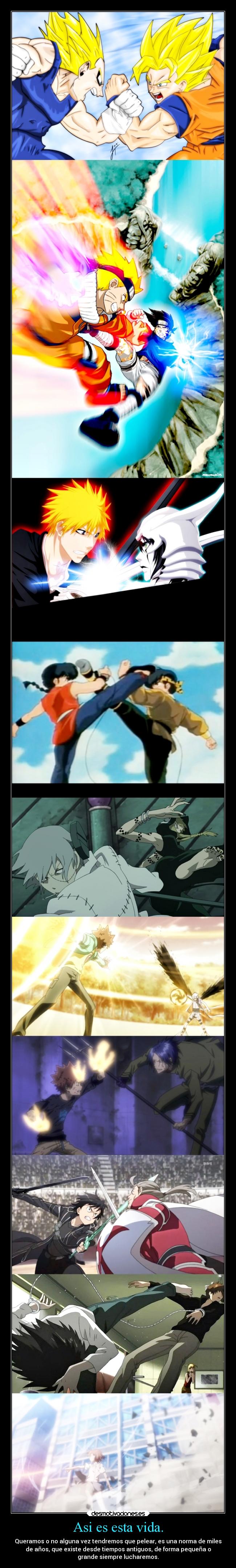 Asi es esta vida. - Queramos o no alguna vez tendremos que pelear, es una norma de miles
de años, que existe desde tiempos antiguos, de forma pequeña o
grande siempre lucharemos.