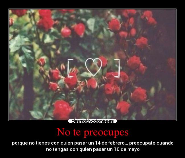 No te preocupes - porque no tienes con quien pasar un 14 de febrero... preocupate cuando
no tengas con quien pasar un 10 de mayo