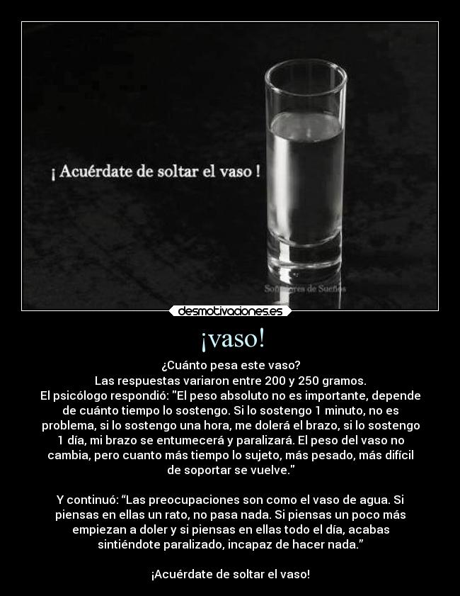 ¡vaso! - ¿Cuánto pesa este vaso?
Las respuestas variaron entre 200 y 250 gramos.
El psicólogo respondió: El peso absoluto no es importante, depende
de cuánto tiempo lo sostengo. Si lo sostengo 1 minuto, no es
problema, si lo sostengo una hora, me dolerá el brazo, si lo sostengo
1 día, mi brazo se entumecerá y paralizará. El peso del vaso no
cambia, pero cuanto más tiempo lo sujeto, más pesado, más difícil
de soportar se vuelve.

Y continuó: “Las preocupaciones son como el vaso de agua. Si
piensas en ellas un rato, no pasa nada. Si piensas un poco más
empiezan a doler y si piensas en ellas todo el día, acabas
sintiéndote paralizado, incapaz de hacer nada.”

¡Acuérdate de soltar el vaso!