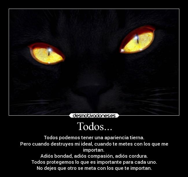 Todos... - Todos podemos tener una apariencia tierna.
Pero cuando destruyes mi ideal, cuando te metes con los que me
importan.
Adiós bondad, adiós compasión, adiós cordura.
Todos protegemos lo que es importante para cada uno.
No dejes que otro se meta con los que te importan.