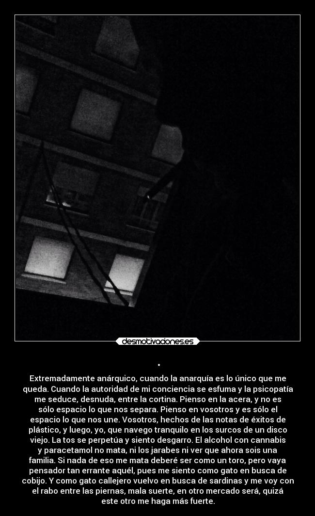 . - Extremadamente anárquico, cuando la anarquía es lo único que me
queda. Cuando la autoridad de mi conciencia se esfuma y la psicopatía
me seduce, desnuda, entre la cortina. Pienso en la acera, y no es
sólo espacio lo que nos separa. Pienso en vosotros y es sólo el
espacio lo que nos une. Vosotros, hechos de las notas de éxitos de
plástico, y luego, yo, que navego tranquilo en los surcos de un disco
viejo. La tos se perpetúa y siento desgarro. El alcohol con cannabis
y paracetamol no mata, ni los jarabes ni ver que ahora sois una
familia. Si nada de eso me mata deberé ser como un toro, pero vaya
pensador tan errante aquél, pues me siento como gato en busca de
cobijo. Y como gato callejero vuelvo en busca de sardinas y me voy con
el rabo entre las piernas, mala suerte, en otro mercado será, quizá
este otro me haga más fuerte.
