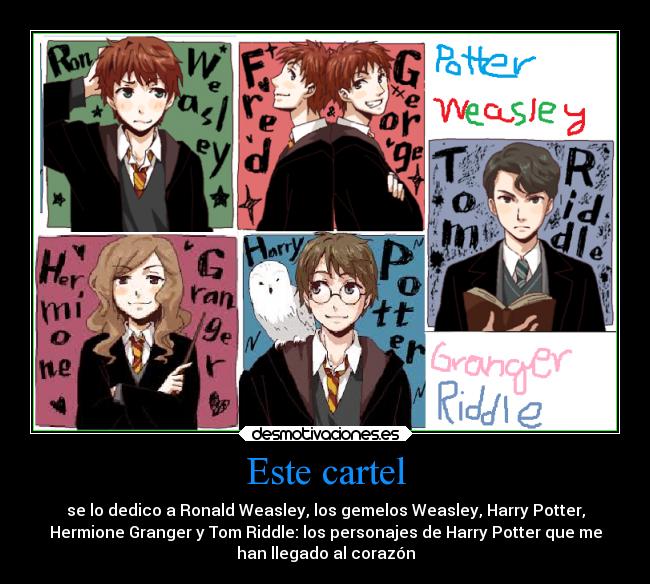 Este cartel - se lo dedico a Ronald Weasley, los gemelos Weasley, Harry Potter,
Hermione Granger y Tom Riddle: los personajes de Harry Potter que me
han llegado al corazón