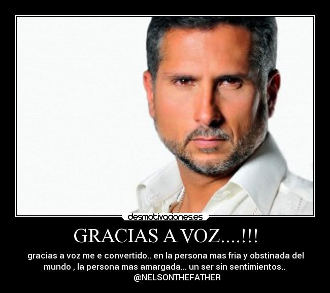 GRACIAS A VOZ....!!! - gracias a voz me e convertido.. en la persona mas fria y obstinada del
mundo , la persona mas amargada... un ser sin sentimientos.. 
            @NELSONTHEFATHER