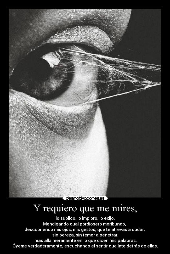 Y requiero que me mires, - lo suplico, lo imploro, lo exijo.
Mendigando cual pordiosero moribundo,
descubriendo mis ojos, mis gestos, que te atrevas a dudar,
sin pereza, sin temor a penetrar,
más allá meramente en lo que dicen mis palabras.
Óyeme verdaderamente, escuchando el sentir que late detrás de ellas.