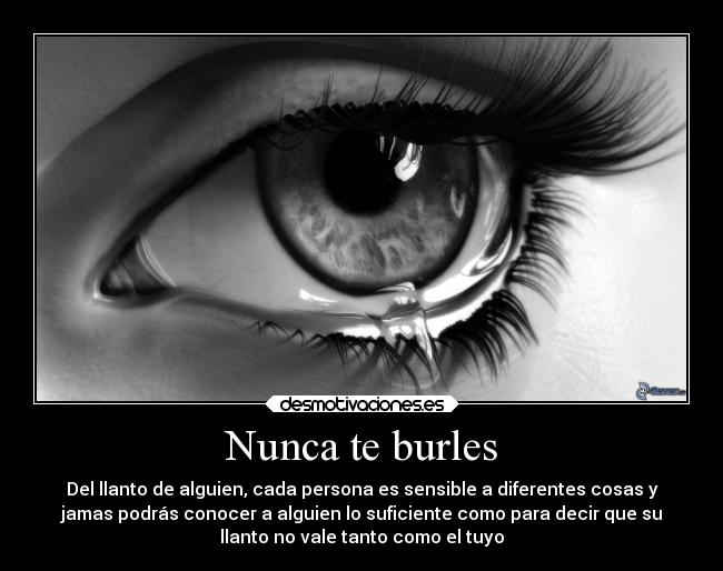 Nunca te burles - Del llanto de alguien, cada persona es sensible a diferentes cosas y
jamas podrás conocer a alguien lo suficiente como para decir que su
llanto no vale tanto como el tuyo