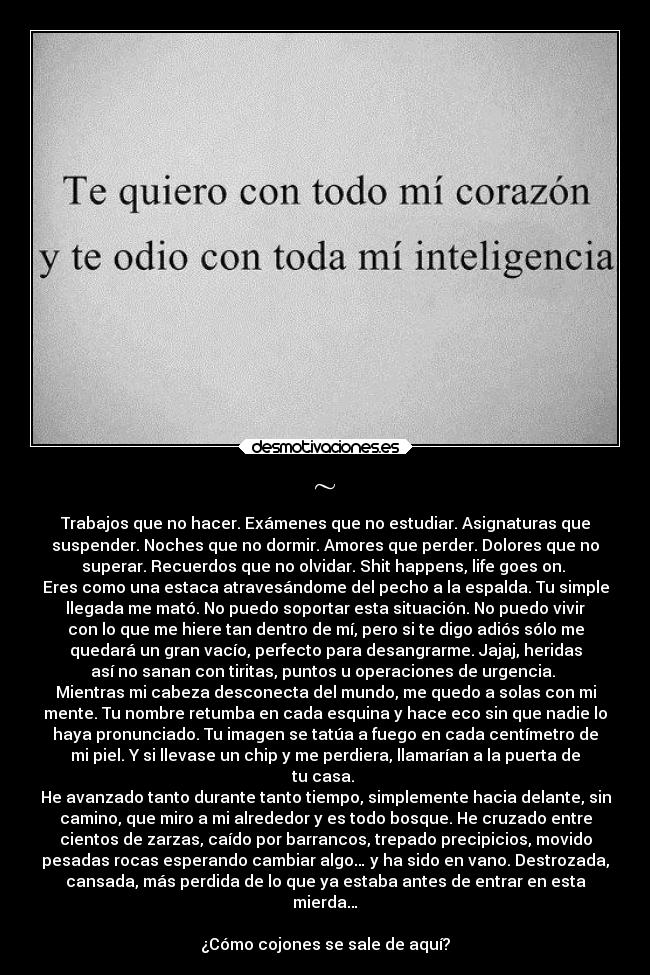 ~ - Trabajos que no hacer. Exámenes que no estudiar. Asignaturas que
suspender. Noches que no dormir. Amores que perder. Dolores que no
superar. Recuerdos que no olvidar. Shit happens, life goes on. 
Eres como una estaca atravesándome del pecho a la espalda. Tu simple
llegada me mató. No puedo soportar esta situación. No puedo vivir
con lo que me hiere tan dentro de mí, pero si te digo adiós sólo me
quedará un gran vacío, perfecto para desangrarme. Jajaj, heridas
así no sanan con tiritas, puntos u operaciones de urgencia. 
Mientras mi cabeza desconecta del mundo, me quedo a solas con mi
mente. Tu nombre retumba en cada esquina y hace eco sin que nadie lo
haya pronunciado. Tu imagen se tatúa a fuego en cada centímetro de
mi piel. Y si llevase un chip y me perdiera, llamarían a la puerta de
tu casa. 
He avanzado tanto durante tanto tiempo, simplemente hacia delante, sin
camino, que miro a mi alrededor y es todo bosque. He cruzado entre
cientos de zarzas, caído por barrancos, trepado precipicios, movido
pesadas rocas esperando cambiar algo… y ha sido en vano. Destrozada,
cansada, más perdida de lo que ya estaba antes de entrar en esta
mierda…

¿Cómo cojones se sale de aquí?