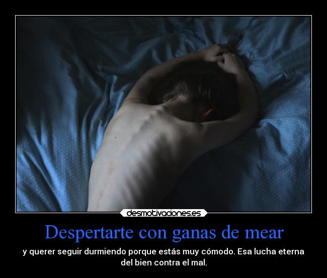 Despertarte con ganas de mear - y querer seguir durmiendo porque estás muy cómodo. Esa lucha eterna
del bien contra el mal.