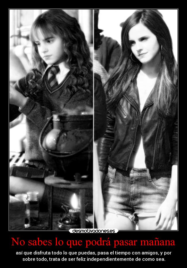 No sabes lo que podrá pasar mañana - así que disfruta todo lo que puedas, pasa el tiempo con amigos, y por
sobre todo, trata de ser feliz independientemente de como sea.
